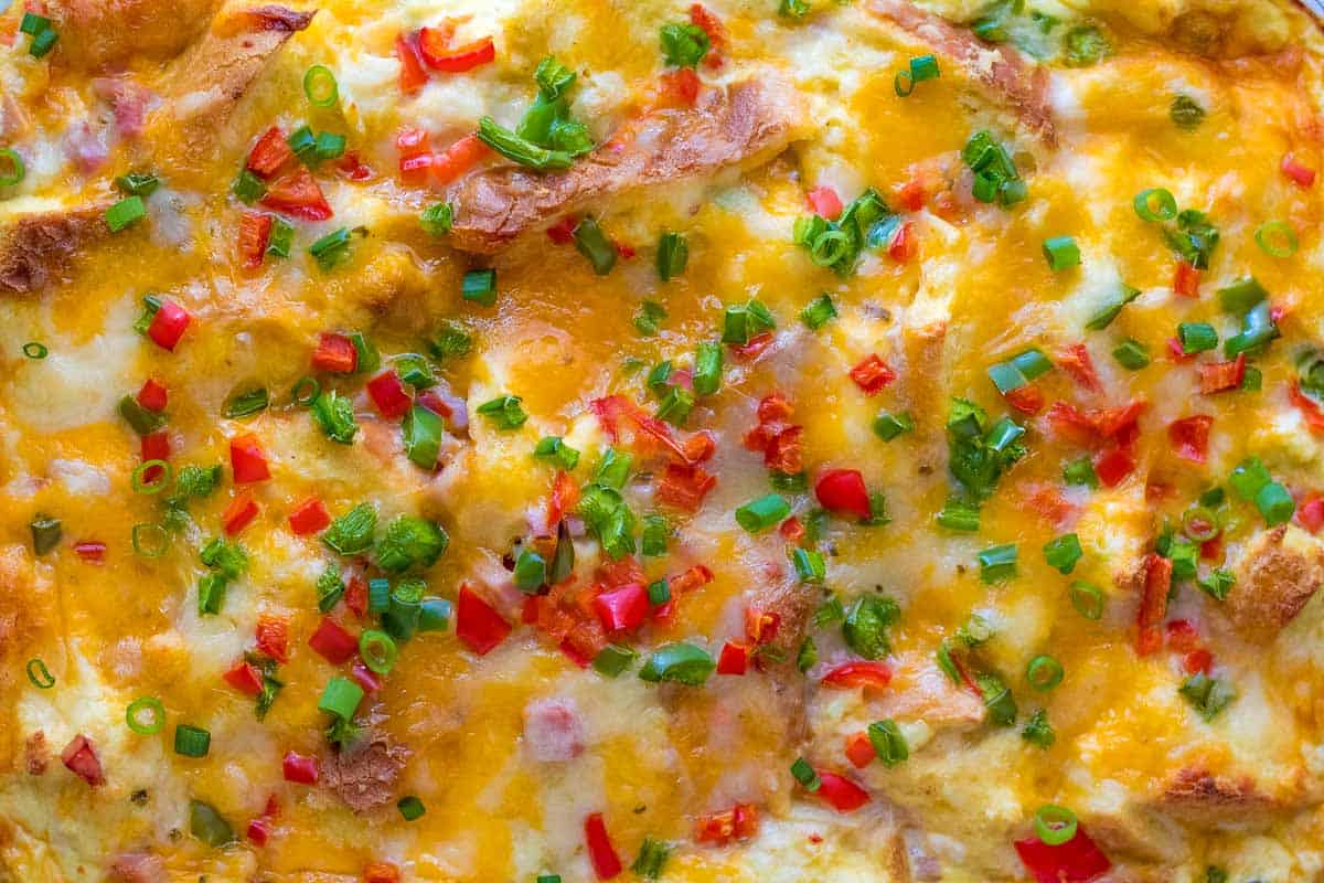 Christmas breakfast casserole in a baking dish.