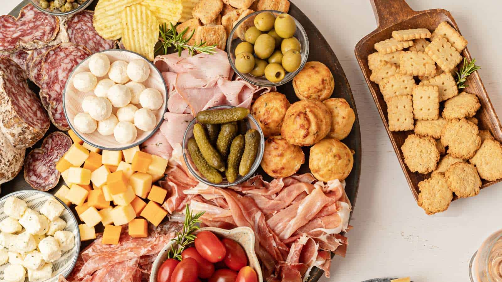 A holiday charcuterie board of meats, cheeses, and crackers on a table.