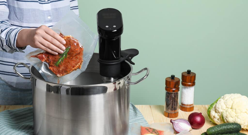 A woman is utilizing sous vide cooking to prepare food in a pot.
