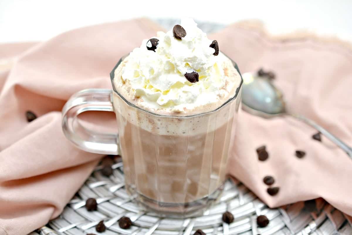 A cup of hot chocolate with whipped cream and chocolate chips.