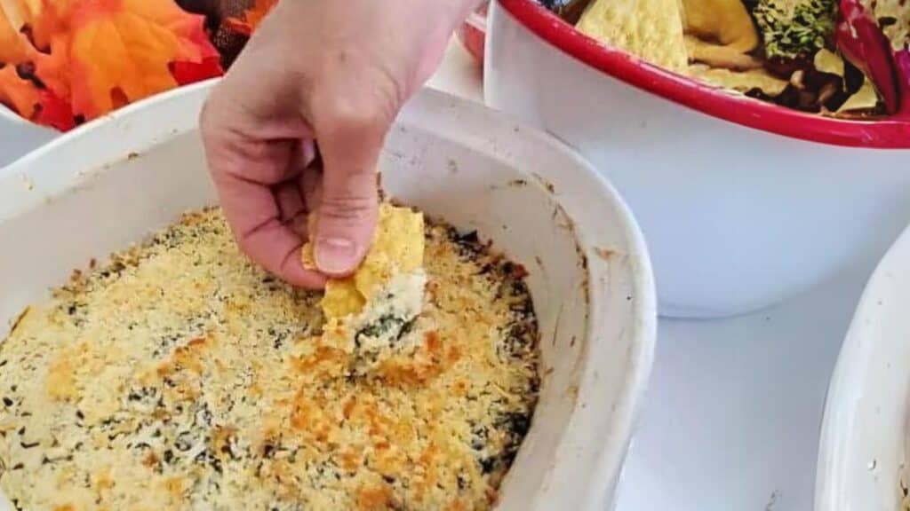 A person is dipping a chip into a bowl of dip.