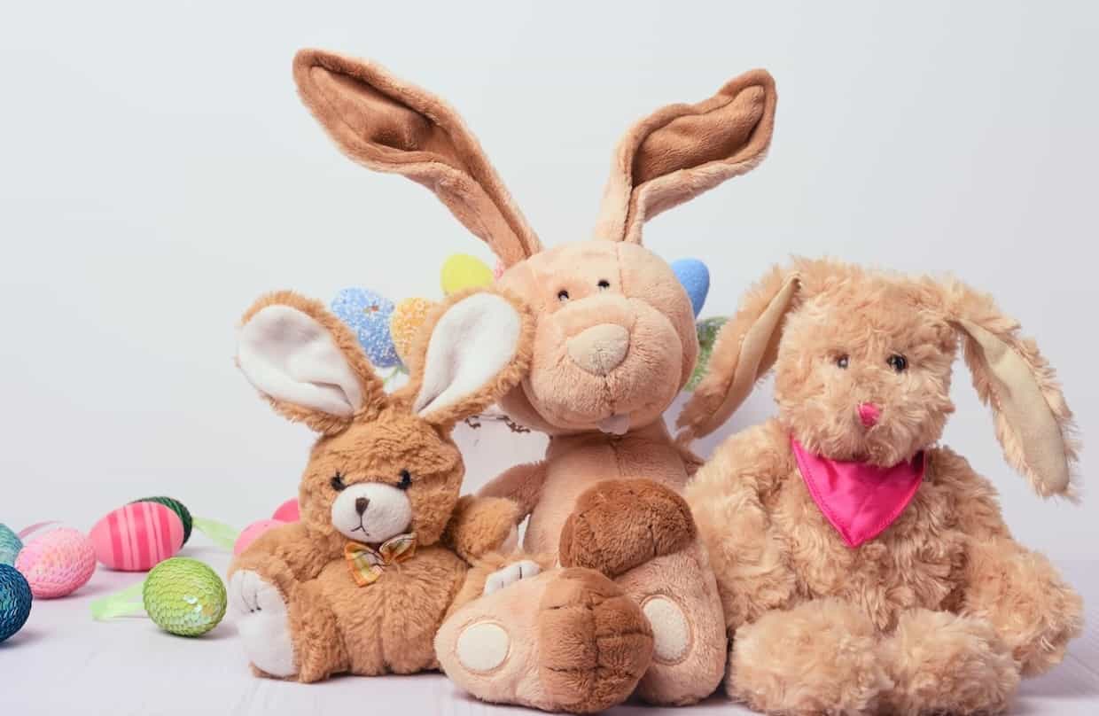 3 plush bunny toys on white background with plastic Easter eggs at the back. 