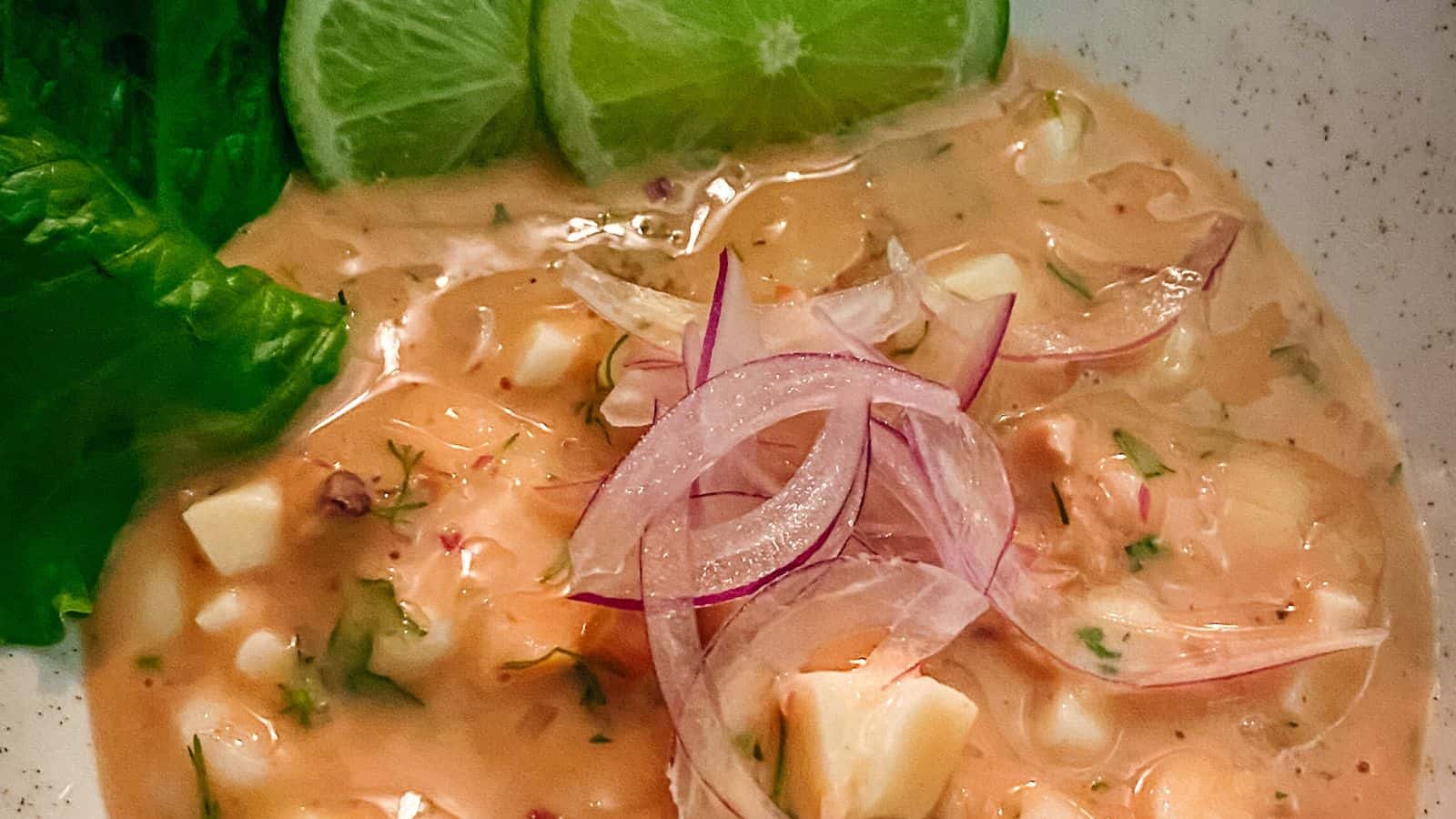 A bowl of soup with onions and limes on it.