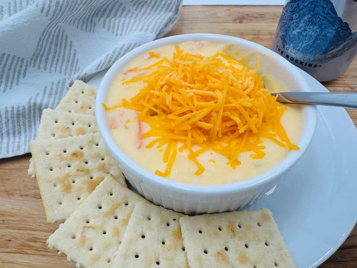 A bowl of cheese soup with crackers on a plate.