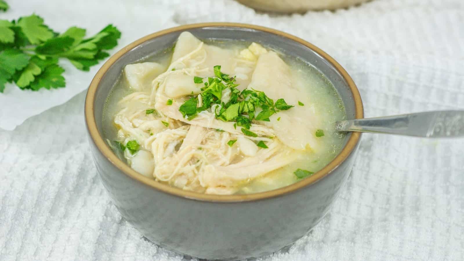 A bowl of chicken and dumplings with a spoon and parsley.
