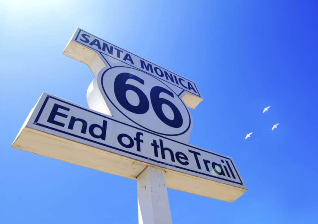 A sign marking the end of the iconic Route 66 road trip in Santa Monica.