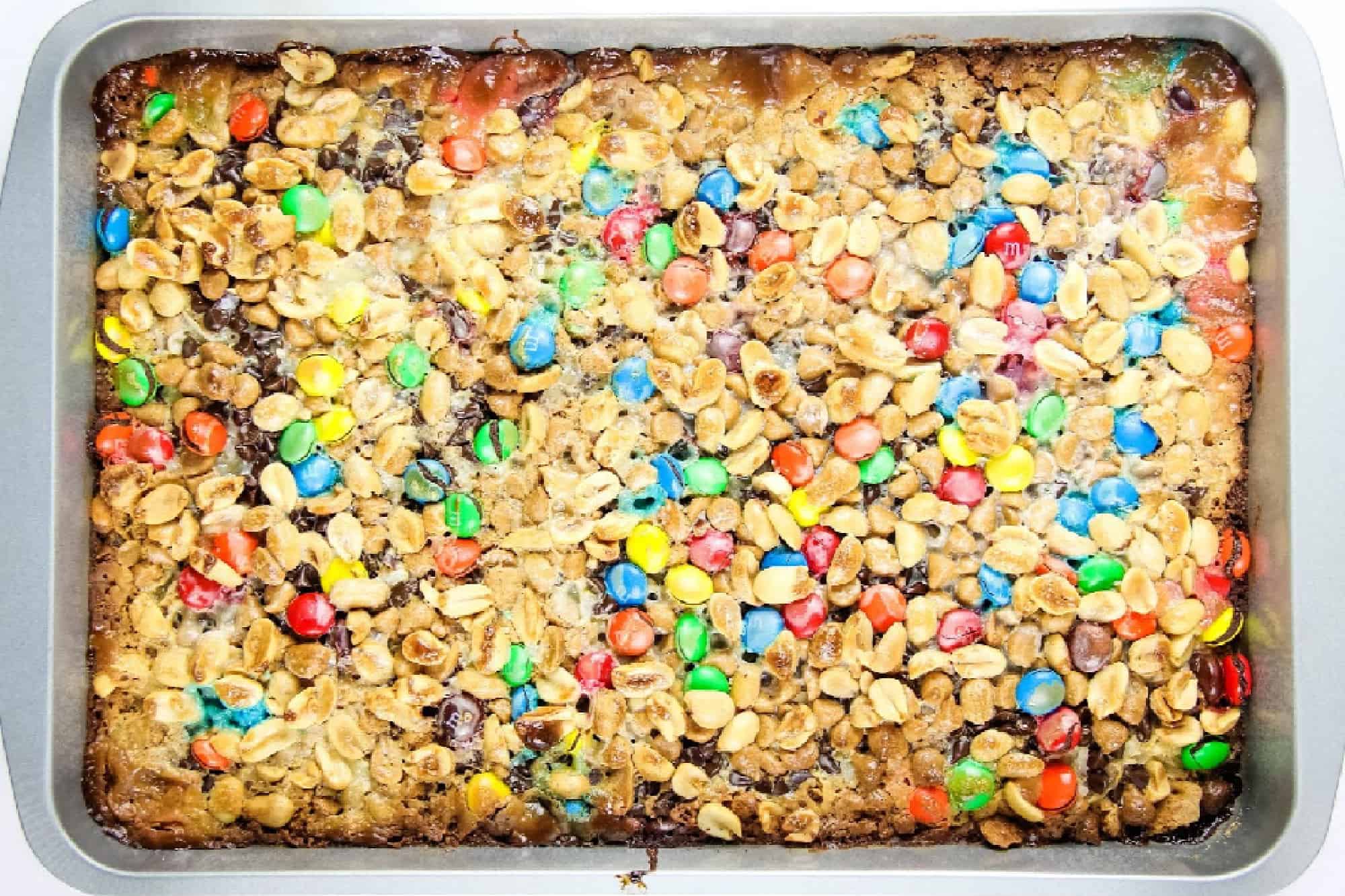 Graham Cracker Cookie Bars topped with m&m's.