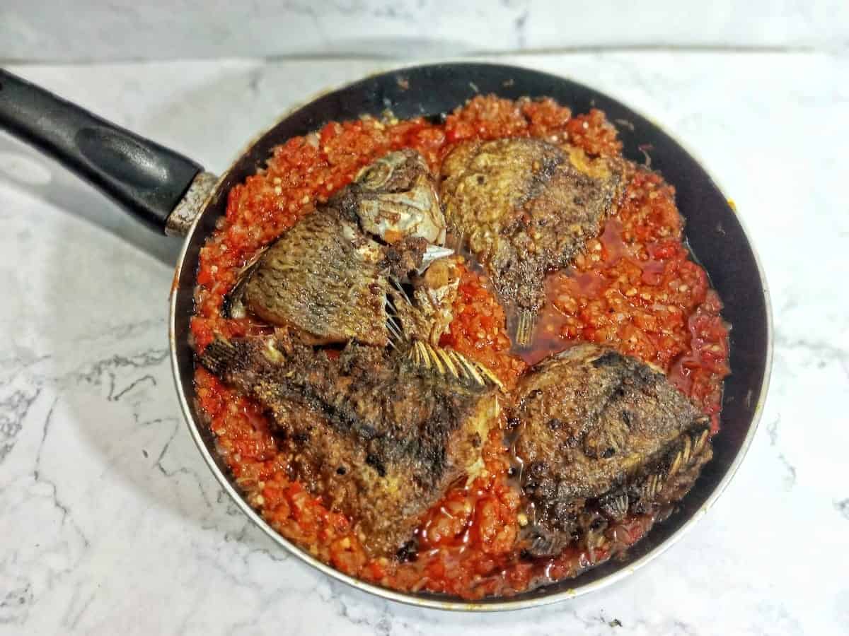 Nigerian Fish Stew in a pan.