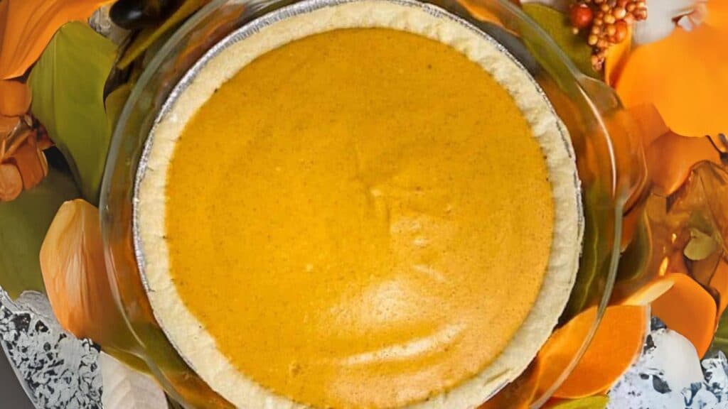 A pumpkin pie is sitting on top of a plate.