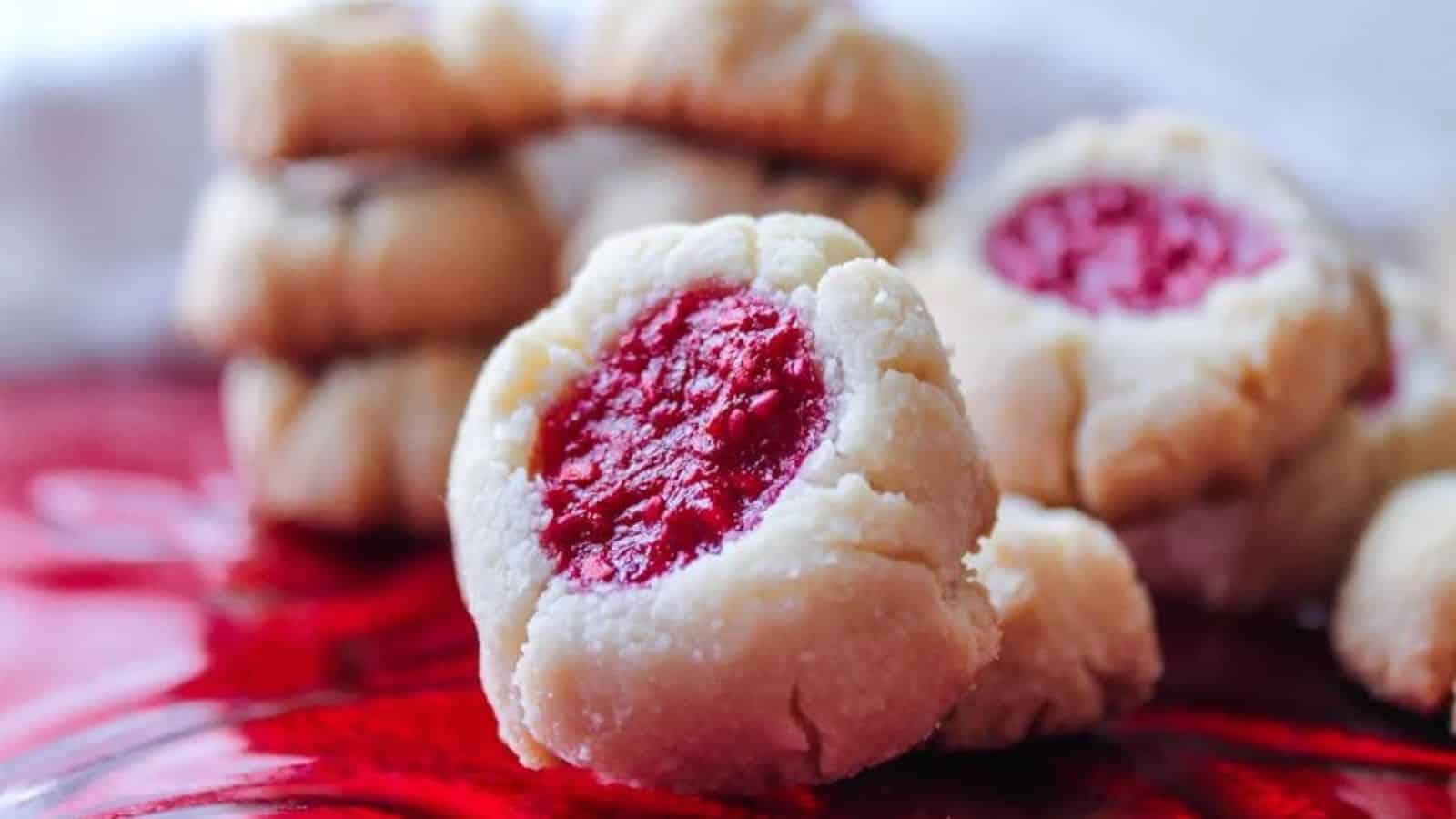 A plate of vegan thumbprint cookies.