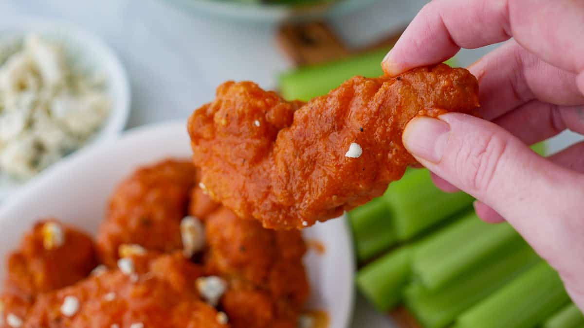 Buffalo tenders with blue cheese and celery.