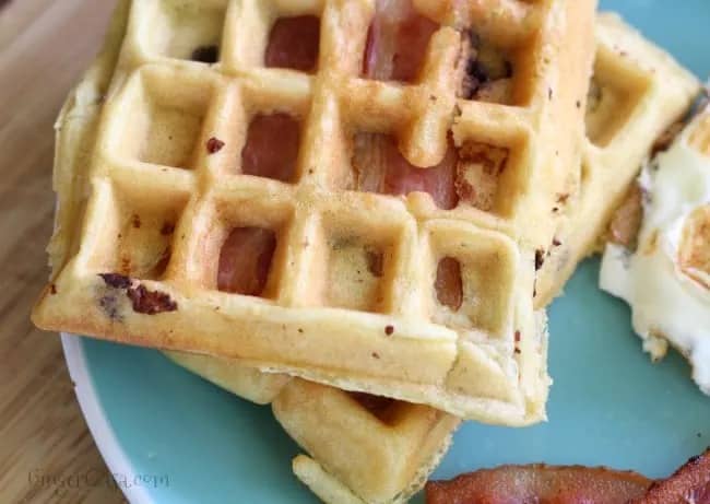 Up close waffle, showing the detail of the bacon.