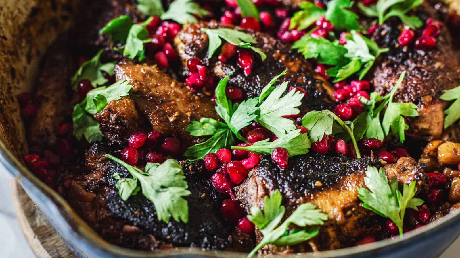 Roasted chicken with pomegranate and parsley.