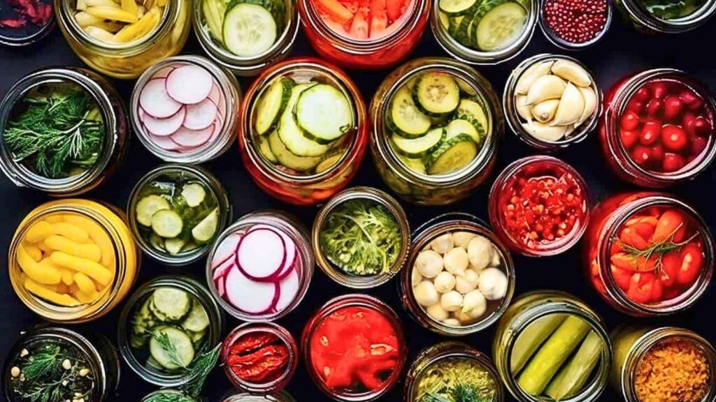 Various jars filled with pickled vegetables such as cucumbers, radishes, peppers, tomatoes, garlic, and herbs—an enticing display of natural probiotic foods—are arranged on a dark surface and viewed from above.