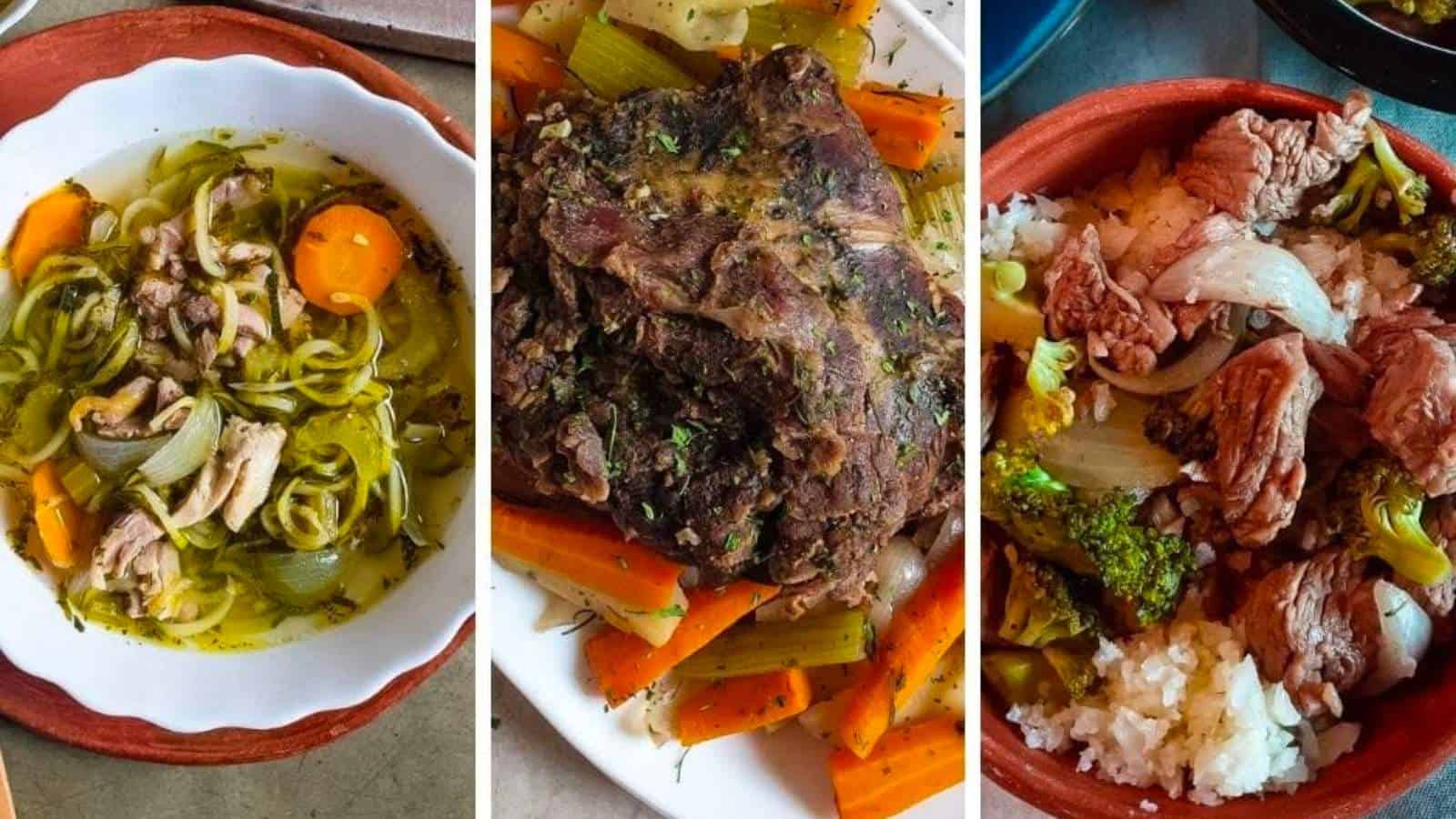 Three pictures of meat and vegetables on a plate.