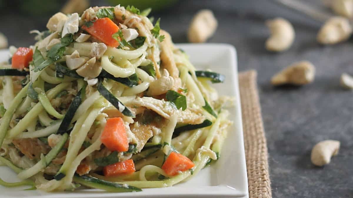 Thai zucchini noodles with chicken and cashews.