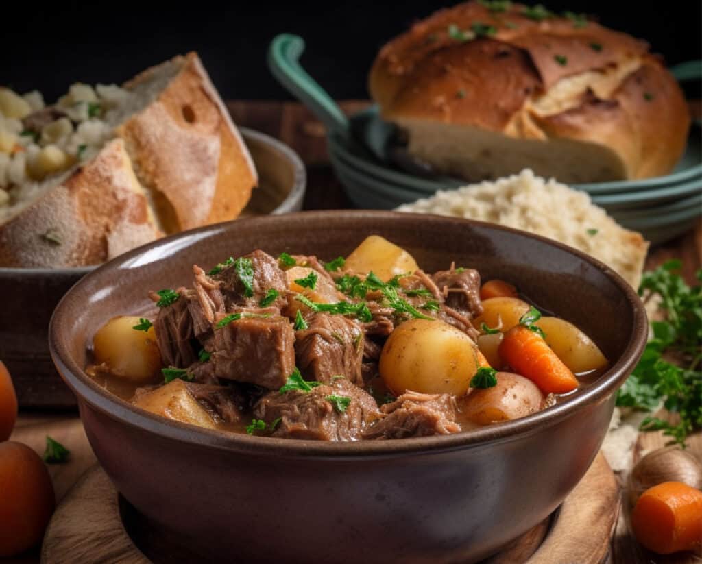 Irish stew with potatoes and carrots on a wooden table.