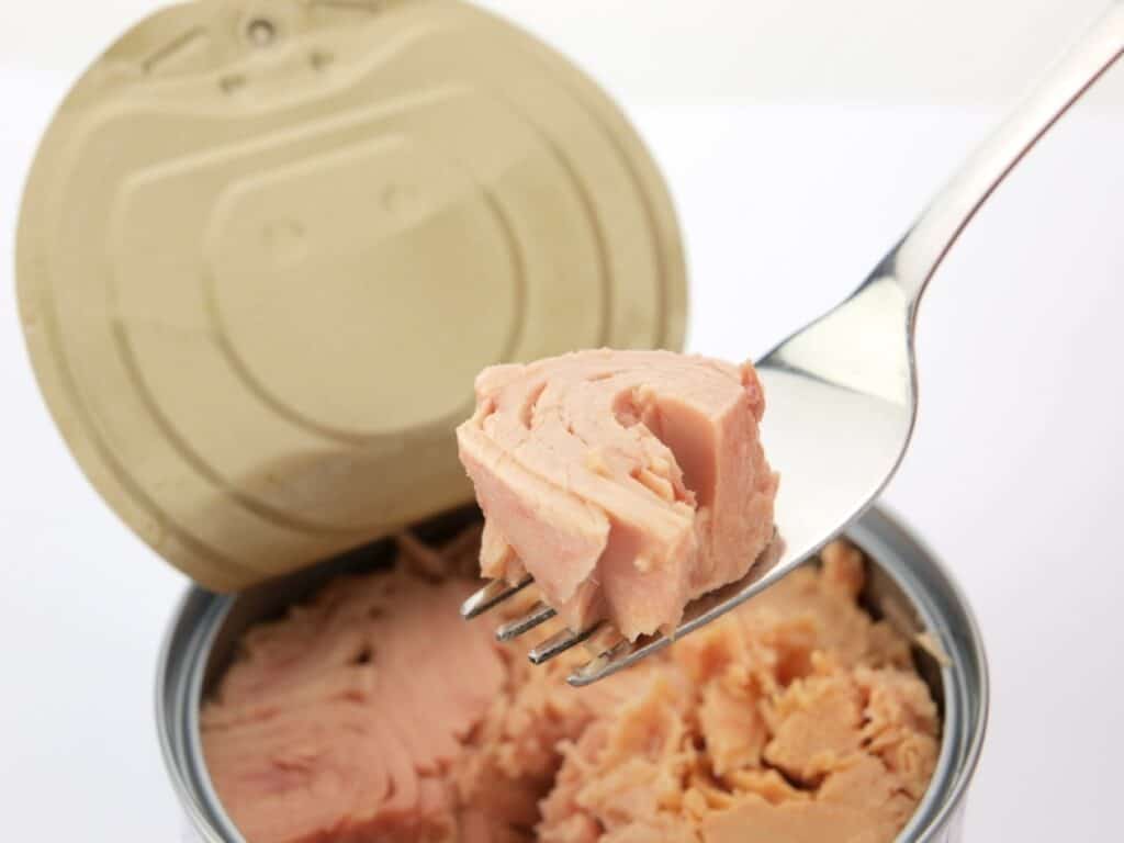 A can of tuna with a fork in it.