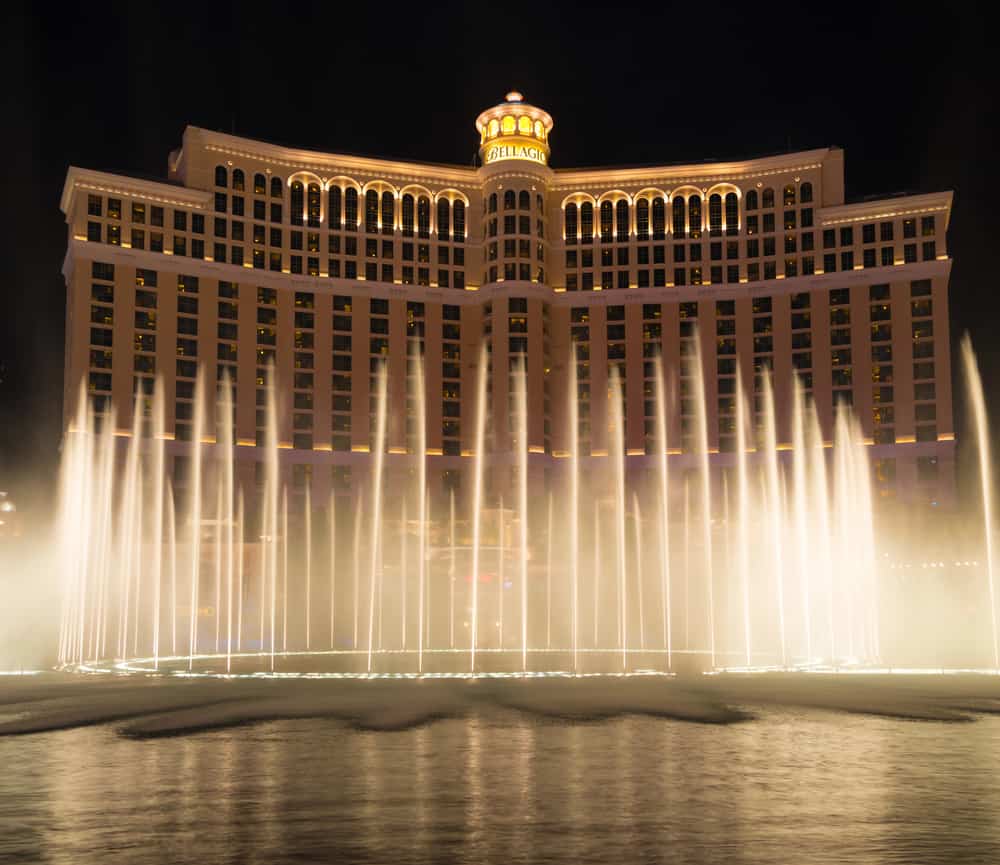 Bellagio fountains in Las Vegas at night. 