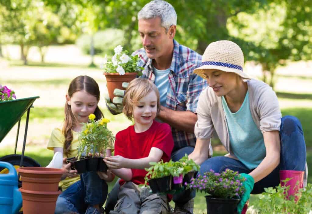 A family is planting flowers in a garden.