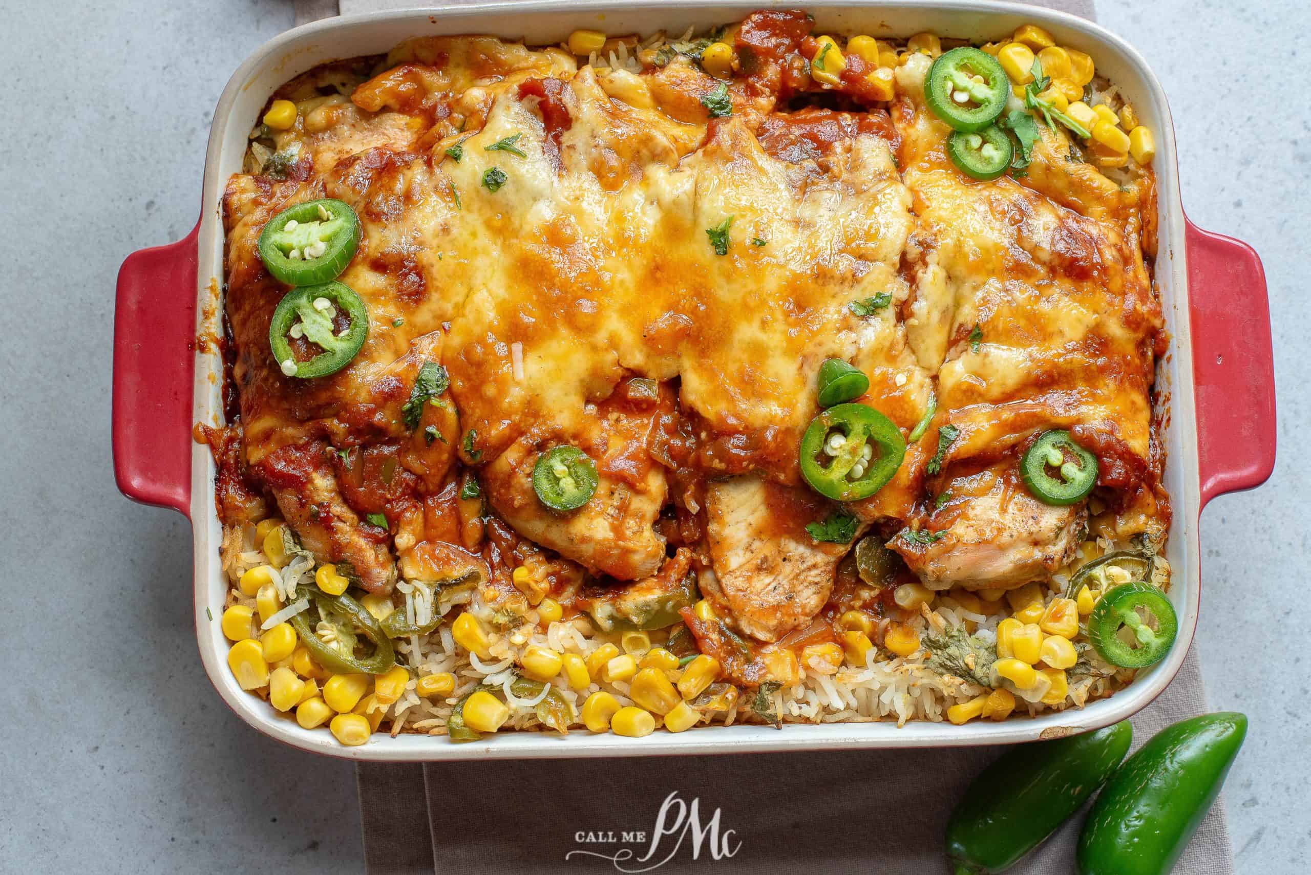 Chicken enchilada casserole with corn and jalapenos.