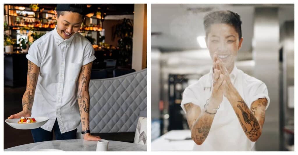 Two pictures of a man with tattoos and a plate of food.