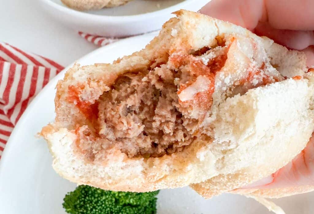 A close up of a meatball sandwich.