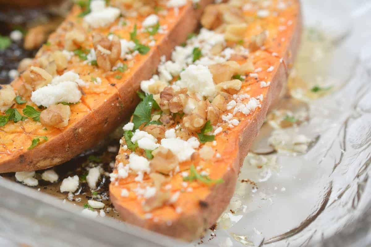Roasted sweet potatoes with feta and walnuts.