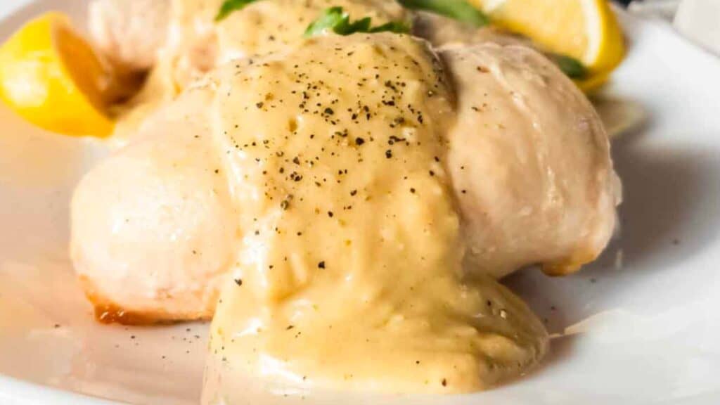 Chicken breasts covered in sauce on a white plate.