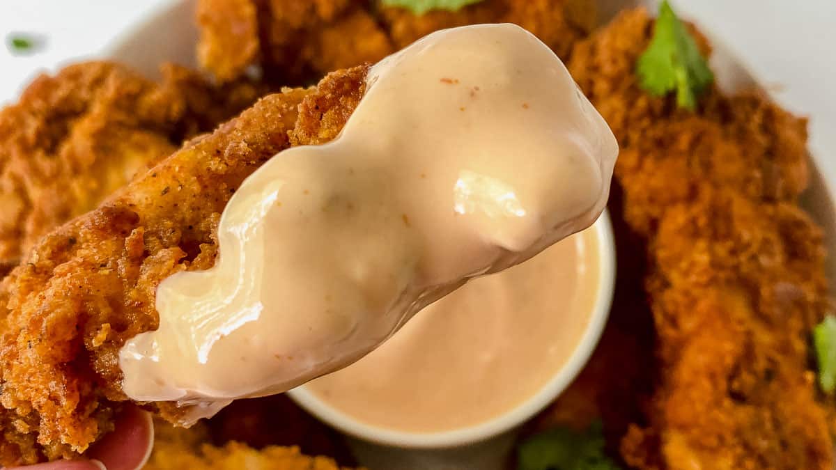 A person is holding a piece of chicken with a sauce on it.