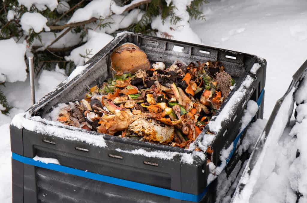 A composting bin full of food scraps in the snowy winter.