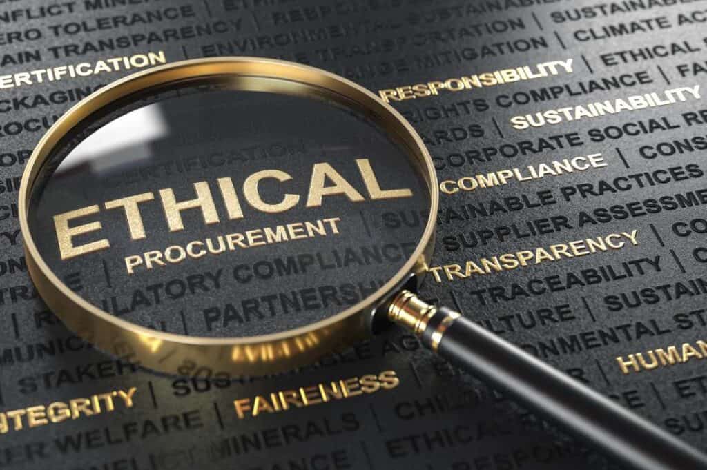 A magnifying glass with the word ethical procurement on it.