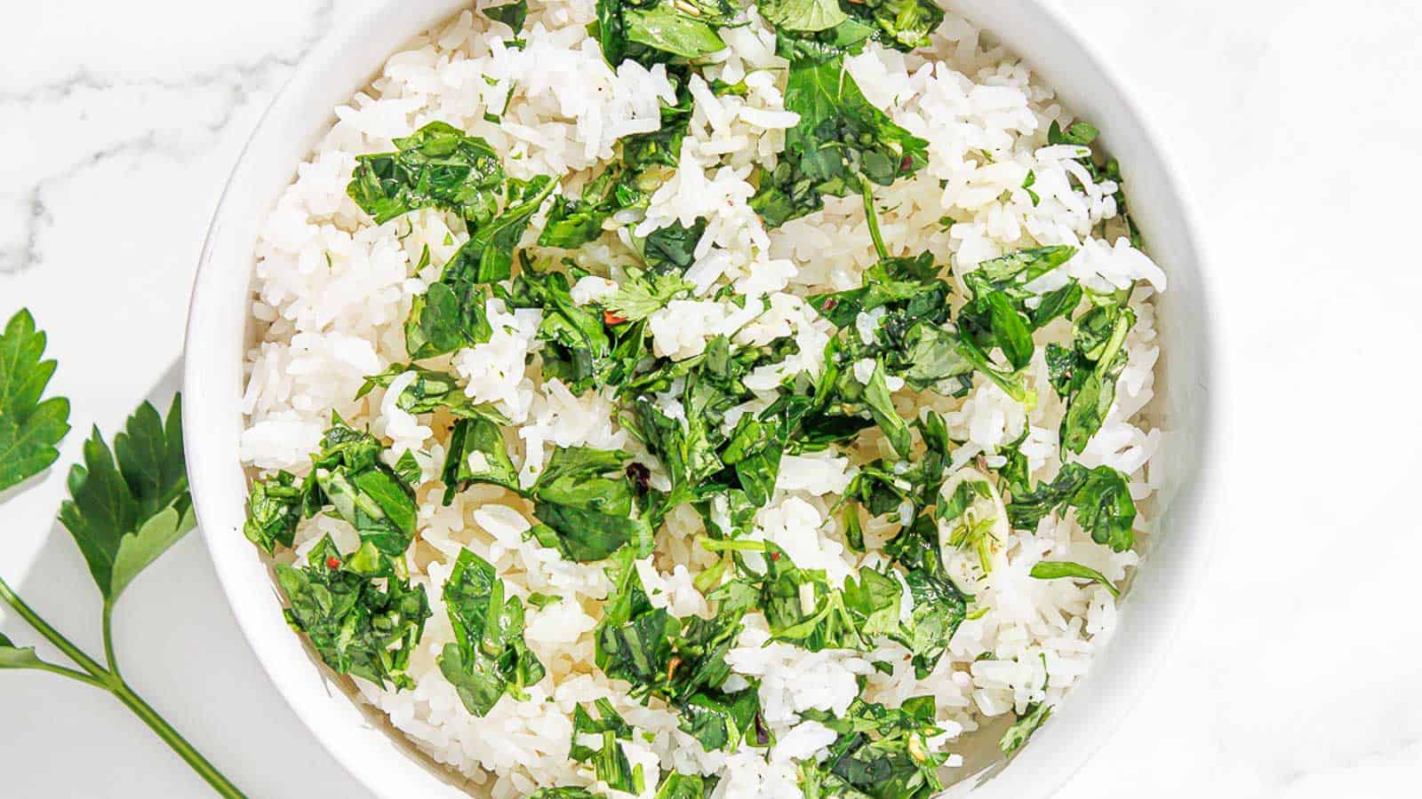 Chimichurri rice in a white bowl.