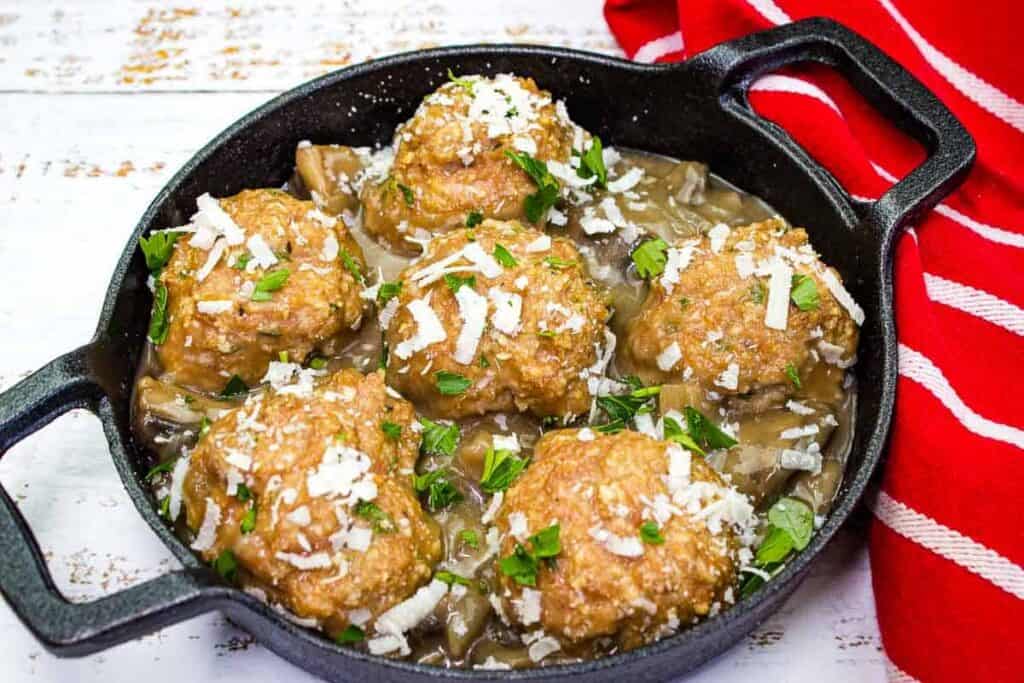 Rediscover the joy of cooking with delectable mushroom meatballs cooked in a cast iron skillet.