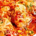 A white dish with chicken in a tomato sauce.