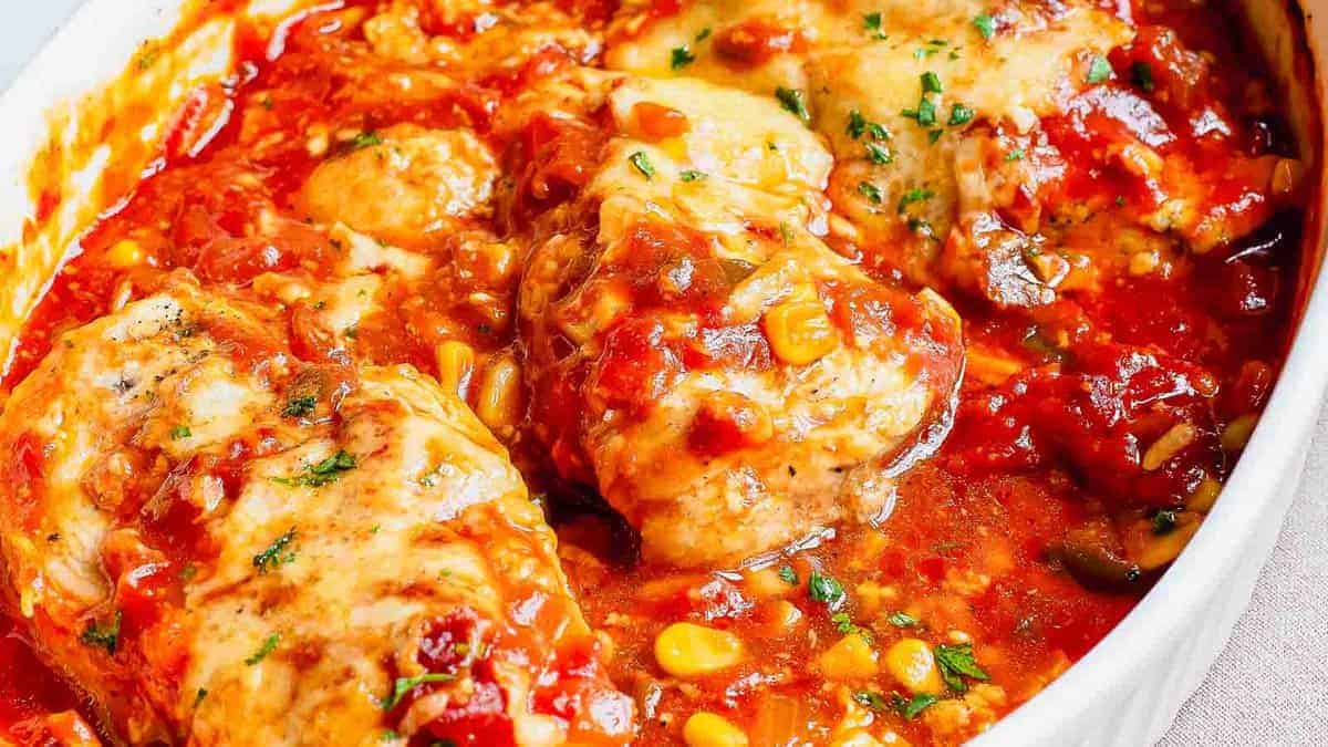A white dish with chicken in a tomato sauce.