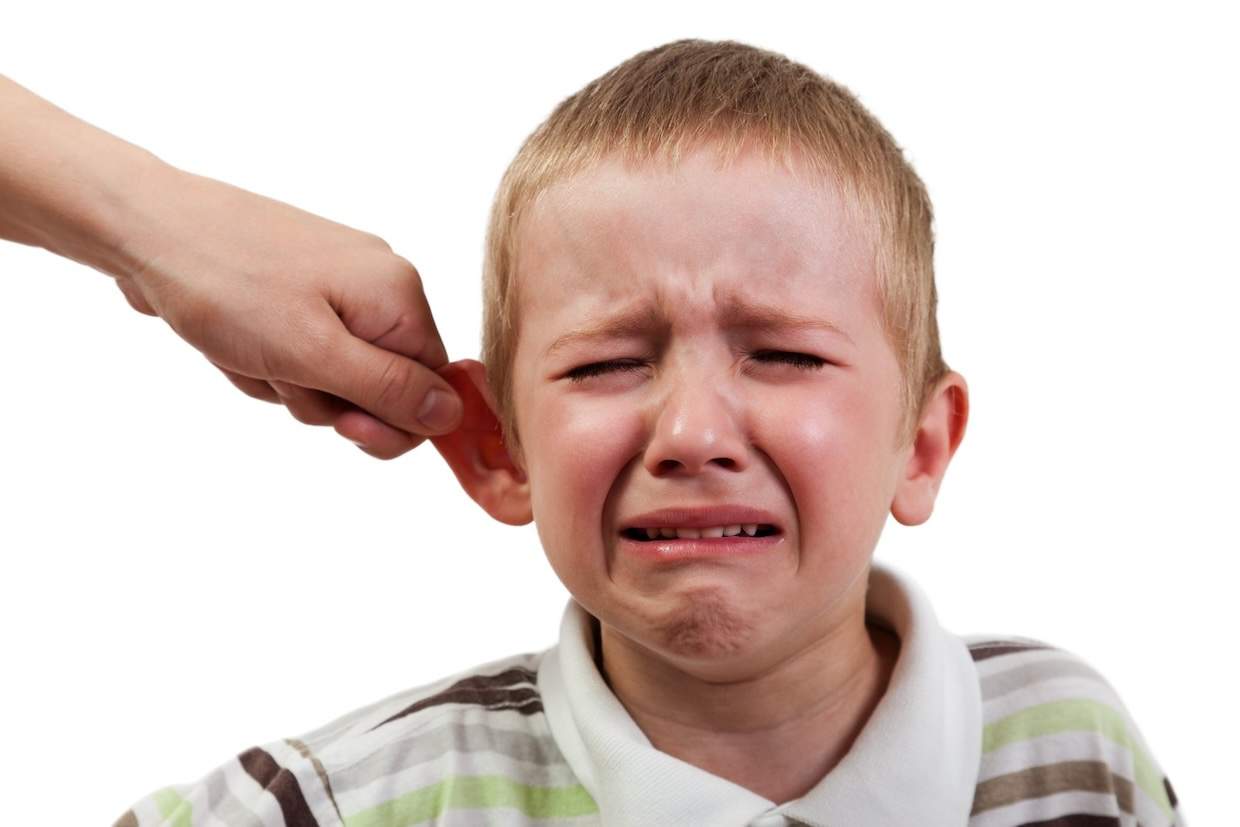 A child crying while an adult's hand pulls on his ear.
