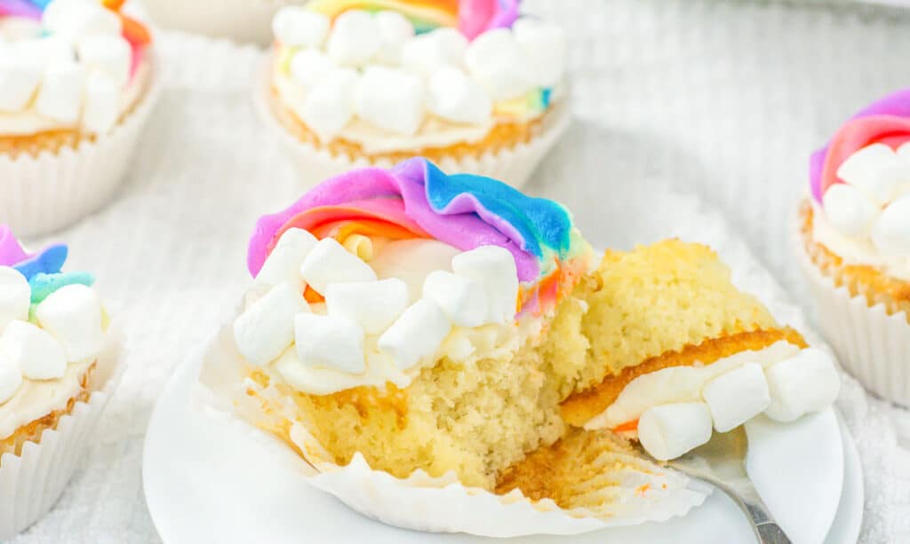 A cupcake with rainbow frosting and marshmallows.