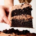 A hand holding a slice of chocolate layer cake with frosting.