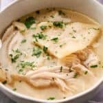 Bowl of chicken and dumplings.