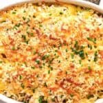 Tuna casserole in a white baking dish.