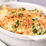 A freshly baked casserole with a golden-brown breadcrumb topping and garnished with herbs.