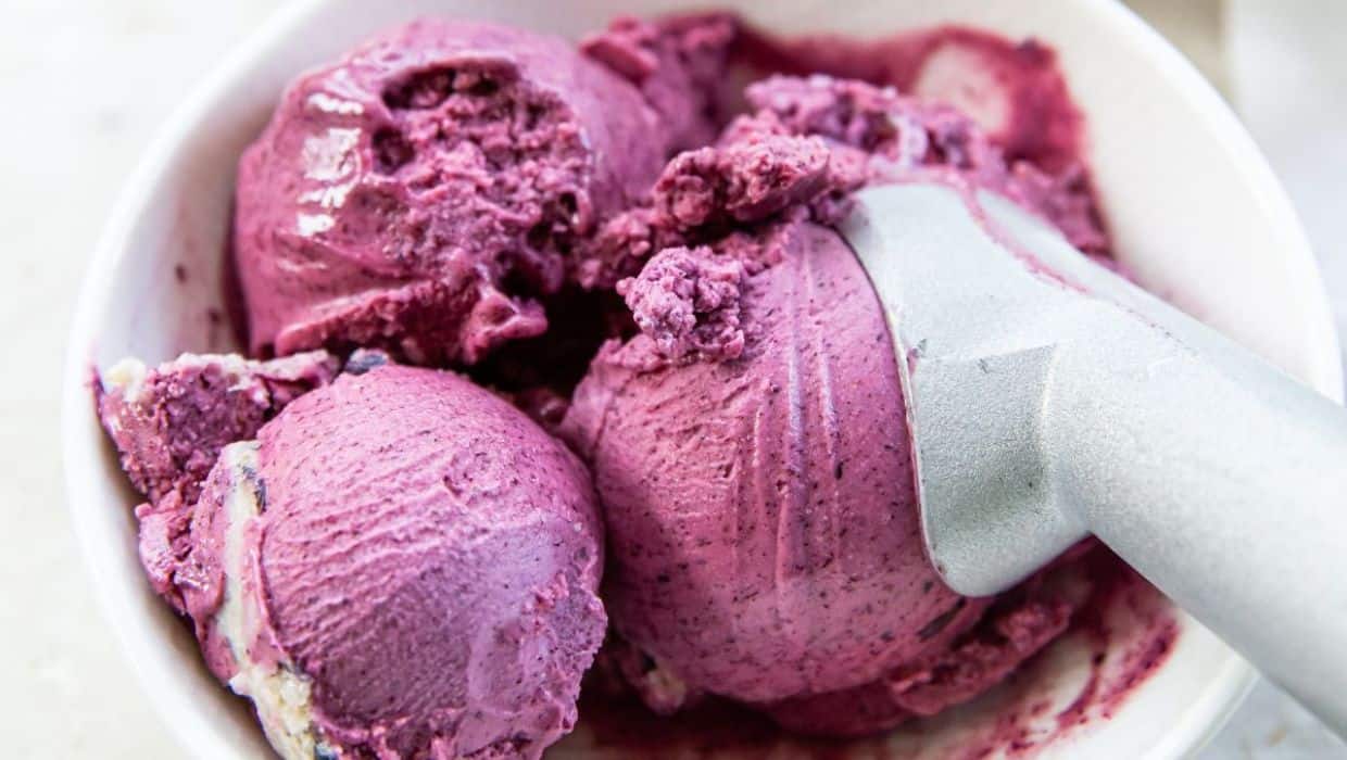 Blueberry Ice Cream in white bowl with an ice cream scoop