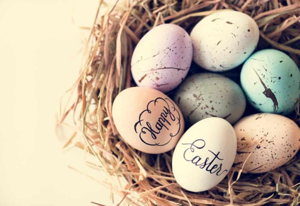 A nest containing several pastel-colored eggs with one egg in the foreground bearing the message "happy easter.