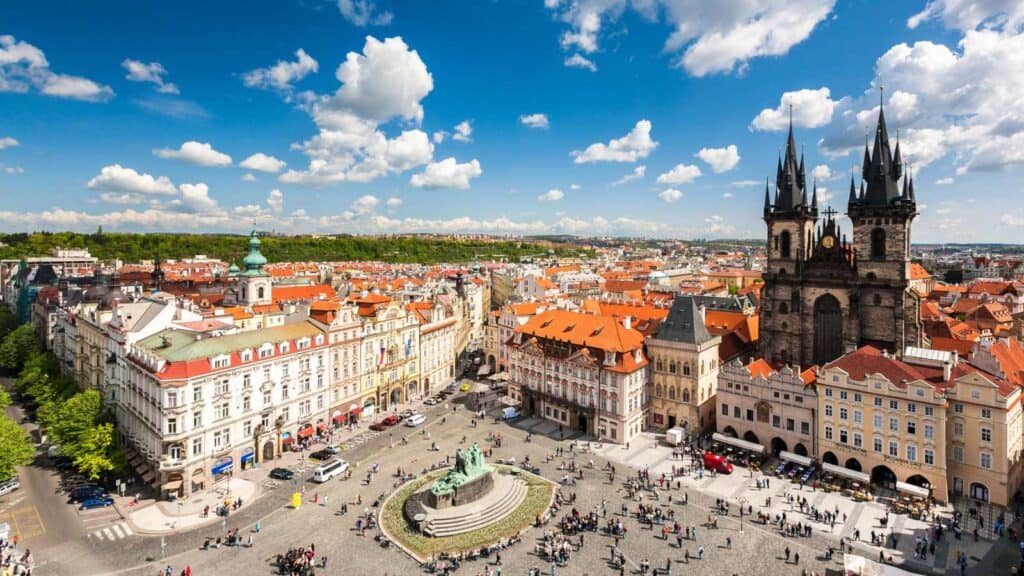 A view of the old town square in Prague, one of the cheapest travel destinations in Europe.