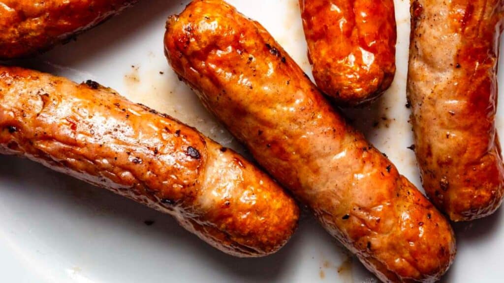 Sausages on a plate on a white plate.