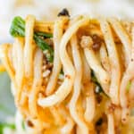 A close-up of twirled spaghetti on a fork, garnished with herbs and possibly bits of meat.