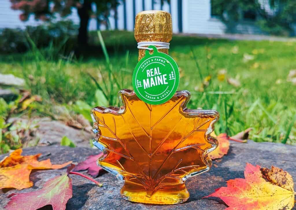 A bottle of maple syrup on a rock, showcasing different grades.