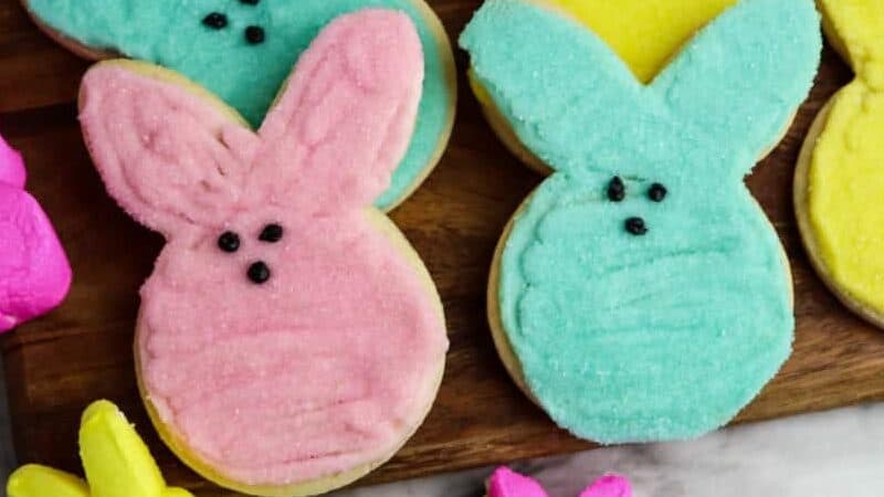 Bunny sugar cookies decorated with sanding sugar to look like peeps.