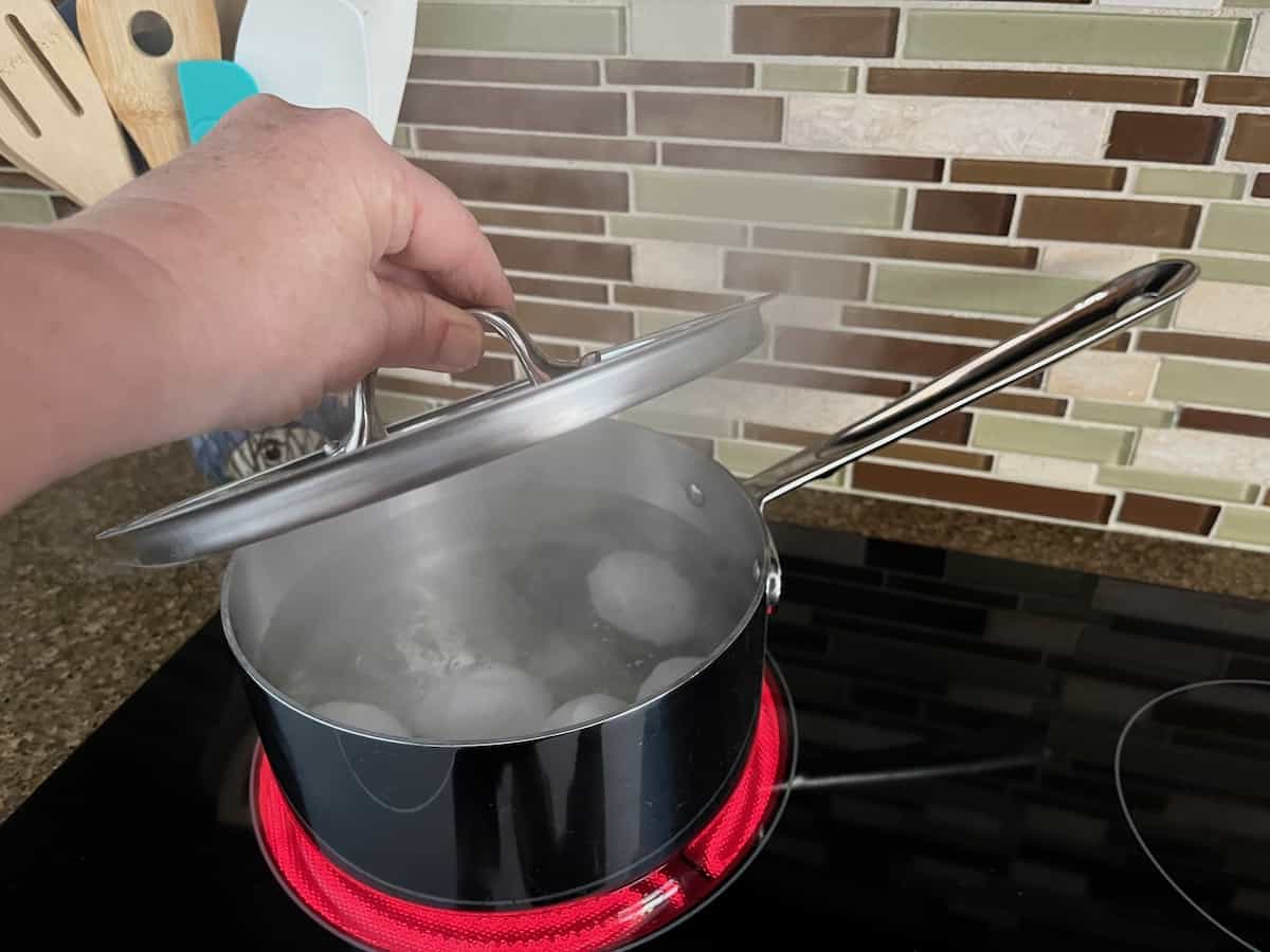 A person lifting the lid off a pot of boiling eggs on a stovetop.